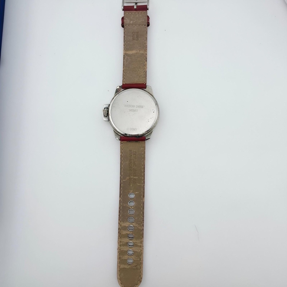 DISNEY 'American Cheese' Watch Mickey Mouse Red Leather‎ Silver Tone 44mm 8.5" - Picture 7 of 15